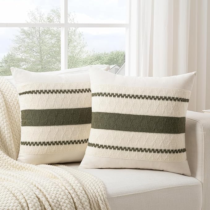 Fancy Homi Set of 1 Boho Olive Green Decorative Throw Pillow Cover 22x22 Inch - Image 2