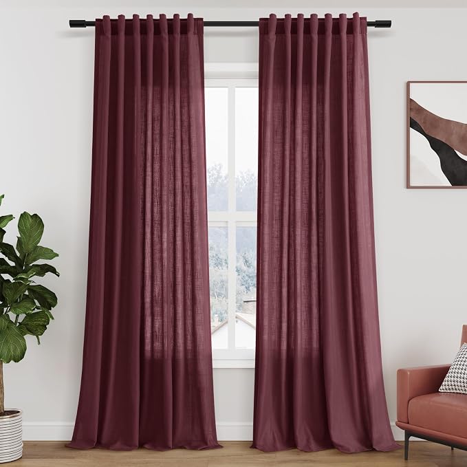 Nanspring Burgundy Linen Curtains Semi Sheer 96 Inches Long 2 Panels Set by Nanspring