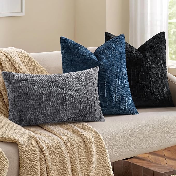 decorUhome Black Chenille Throw Pillow Covers 16x16 Set of 2 Textured Soft Cozy - Image 4