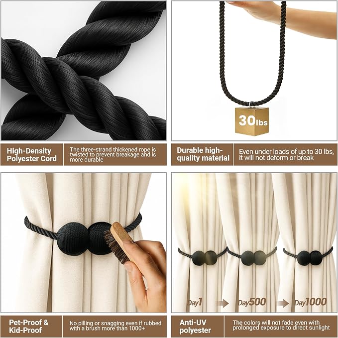 Hion Magnetic Curtain Tiebacks Black 2pcs, Curtain Tiebacks Buckles Holdbacks - Image 3