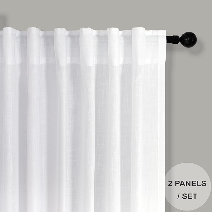 Pitalk White Back Tab Linen Curtains 94 Inches Long 2 Panel Set - Image 2
