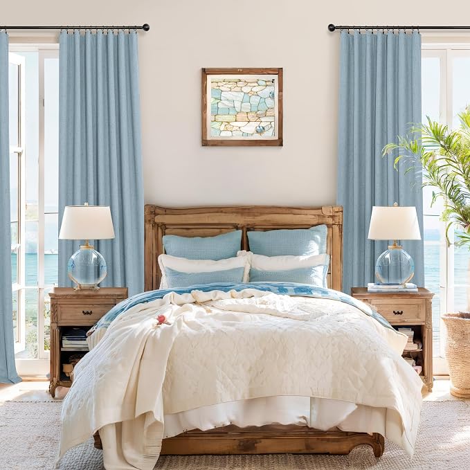 Light Blue Curtains for Bedroom 63 Inch Length 2 Panels Neutral Linen Textured - Image 2
