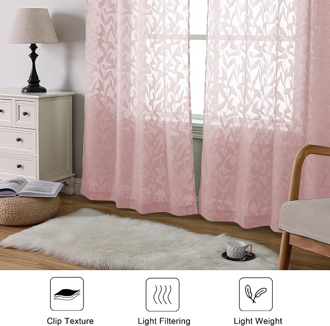Lecloud Leia 2 Panels Blush Pink Sheer Curtains 96 Inch Length 2 Panels - Image 3