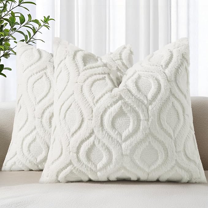 decorUhome Throw Pillow Covers 22x22 Inch Set of 2, Soft Plush Faux Wool Cream by decorUhome