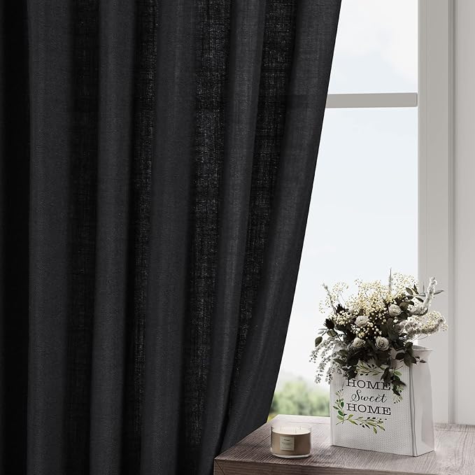 Black Linen Kitchen Curtains 45 Inch Length Set 2 Panel Back Tab Pocket Semi - Image 2