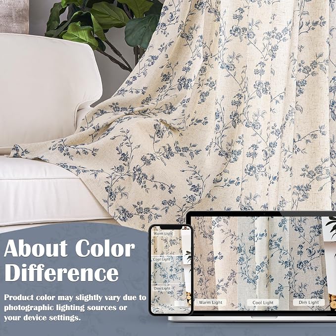 Lazzzy Blue Floral Linen Curtains 96 Inch Farmhouse Back Tab Drapes - Image 6
