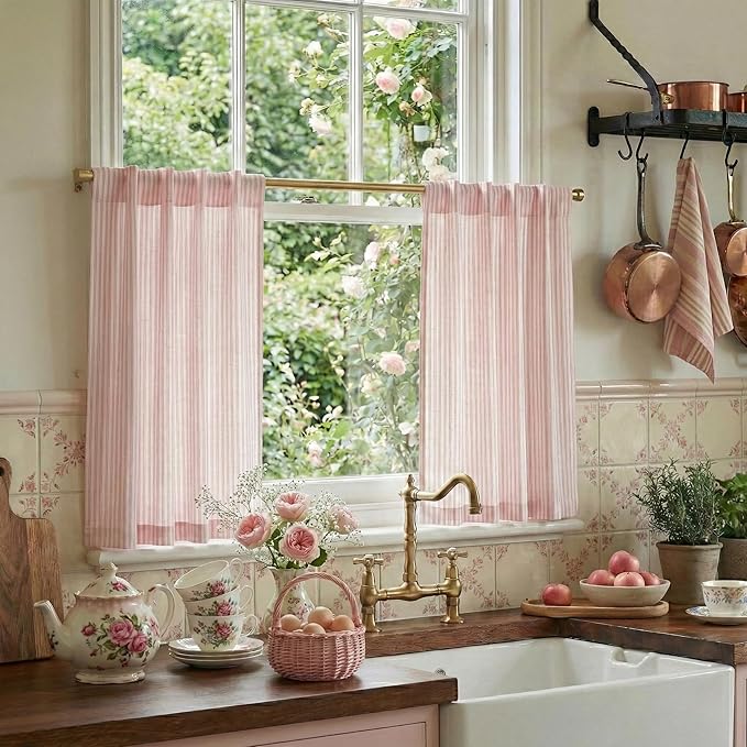 RYB HOME Linen Cafe Curtains 24 inch Length, Kitchen Farmhouse Striped Tier by RYBHOME