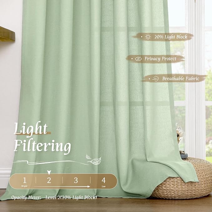 LAMIT Light Green Linen Window Curtains 63 Inch Length, Light Filtering Neutral - Image 4