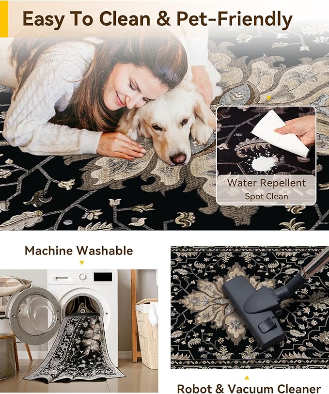 Area Rugs 10'x14' Washable Non-Slip, Floral Vintage Distress Print Pattern - Image 5