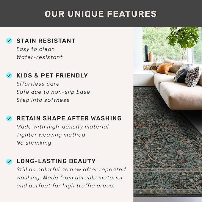 Dark Green Washable 3x20 Extra Long Runner Rug - Image 7