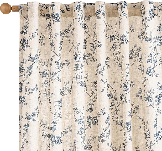 Lazzzy Farmhouse Linen Curtains Extra Long Blue Floral Curtains 108 Inch Long by Lazzzy