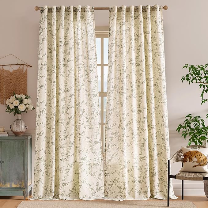 Lazzzy Farmhouse Linen Curtains Green Floral Curtains 96 Inch Length Back Tab - Image 2