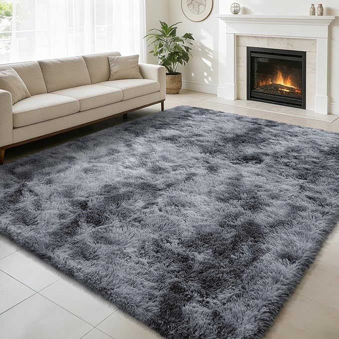 Shag Area Rug for Bedroom 5x8, Tie-Dyed Black Fluffy Area Rugs for Living Room by yulidayang