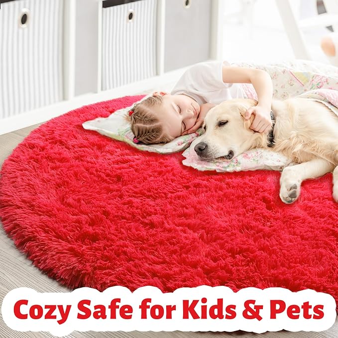 Red Circle Round Rug 7Ft for Living Room Bedroom, Large Fluffy Shag Area Rugs - Image 4