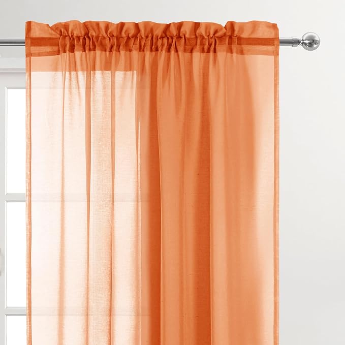 DWCN Sheer Curtains 45 inches Long 2 Panels Set, Rod Pocket Orange Voile Sheer - Image 2