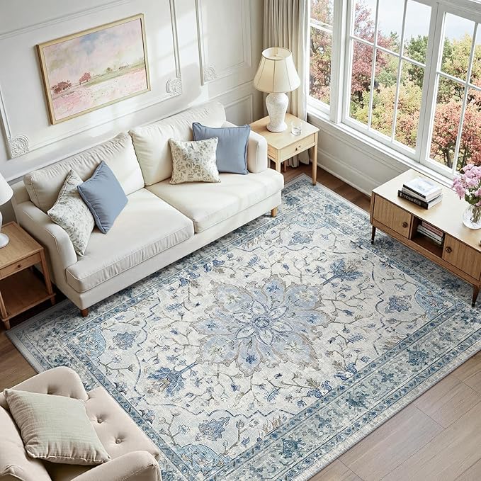 Area Rugs 6'x9' Washable Non-Slip, Floral Vintage Distress Print Pattern by RELEANY