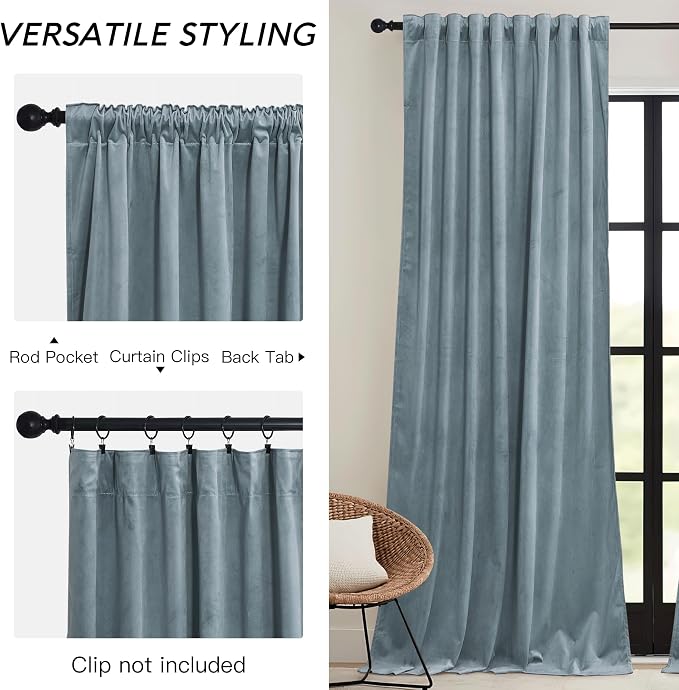 RYB HOME Stone Blue Velvet Curtains 84 inches- Blackout Curtains - Image 3