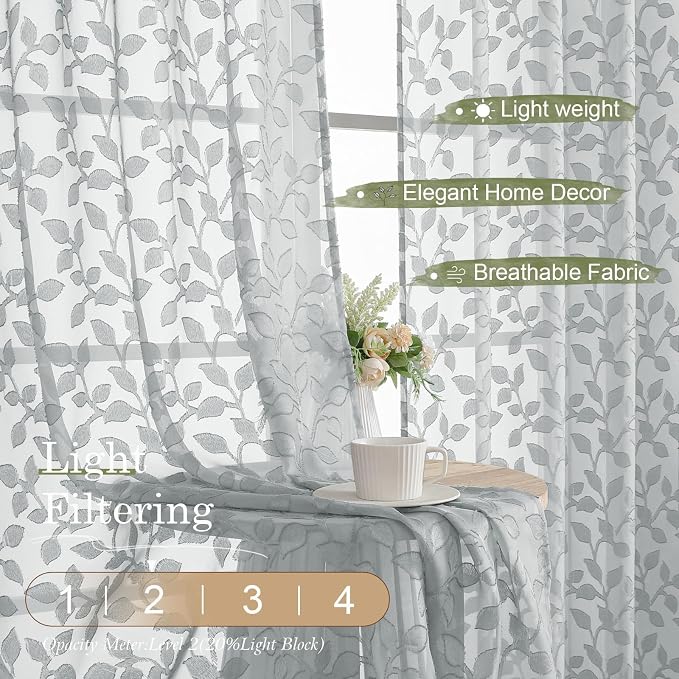Chyhomenyc Light Grey Sheer Curtains 90 Inch Length 2 Panels Set, Light - Image 2