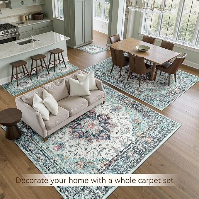 Area Rugs 10'x12' Washable Non-Slip, Floral Vintage Distress Print Pattern - Image 3