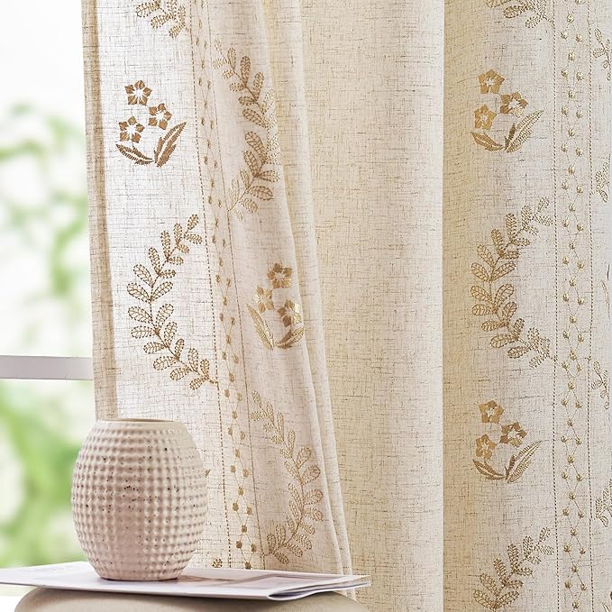 jinchan Belrose Linen Curtains for Bedroom Floral Curtains 63 Inch Length Linen - Image 2