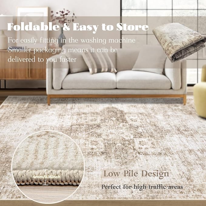 Area Rug 10x14 Washable Rug, Vintage Boho Medallion Rugs Non-Slip Soft Low Pile - Image 7