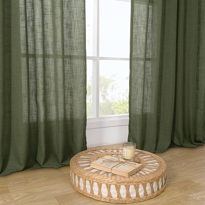 LAMIT Olive Green Sheer Linen Curtains 63 inch Length - Image 9