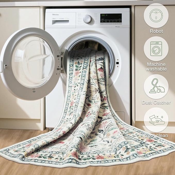 Round Area Rug for Living Room: 4 ft Floral Washable Circle Rug Soft Non-Slip - Image 7