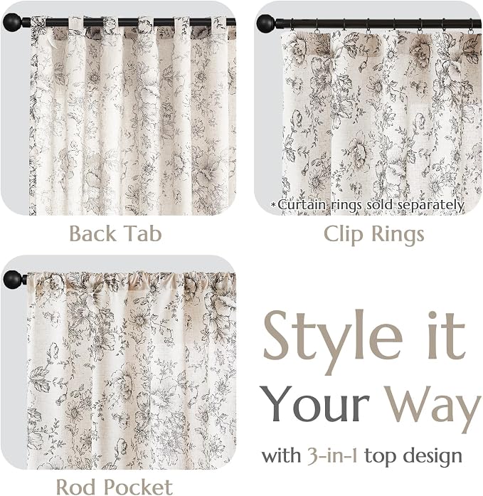 jinchan Linen Blend Curtain Floral Curtains - Image 3