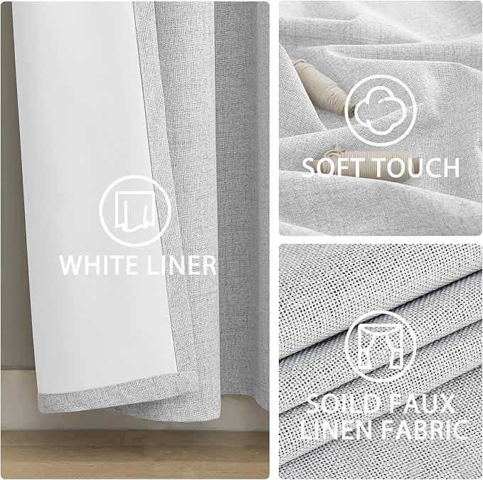Yakamok White Linen Curtains 100% Blackout 63 Inches Long, Room Darkening - Image 5