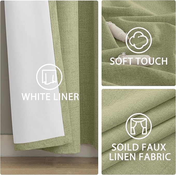 Yakamok Linen Sage Curtains 100% Blackout 84 Inches Long, Room Darkening - Image 6