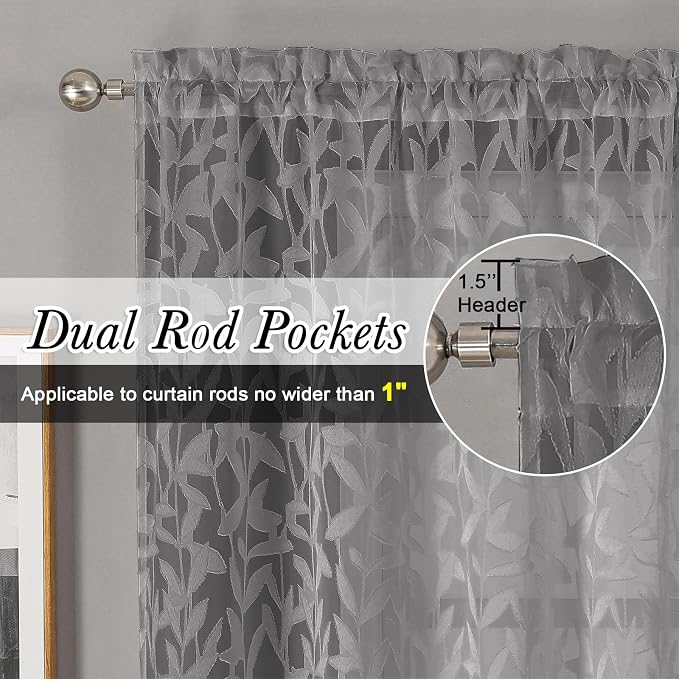 Lecloud Leia Charcoal Grey Sheer Curtains 2 Pieces, 30 Inch Short Curtains - Image 2