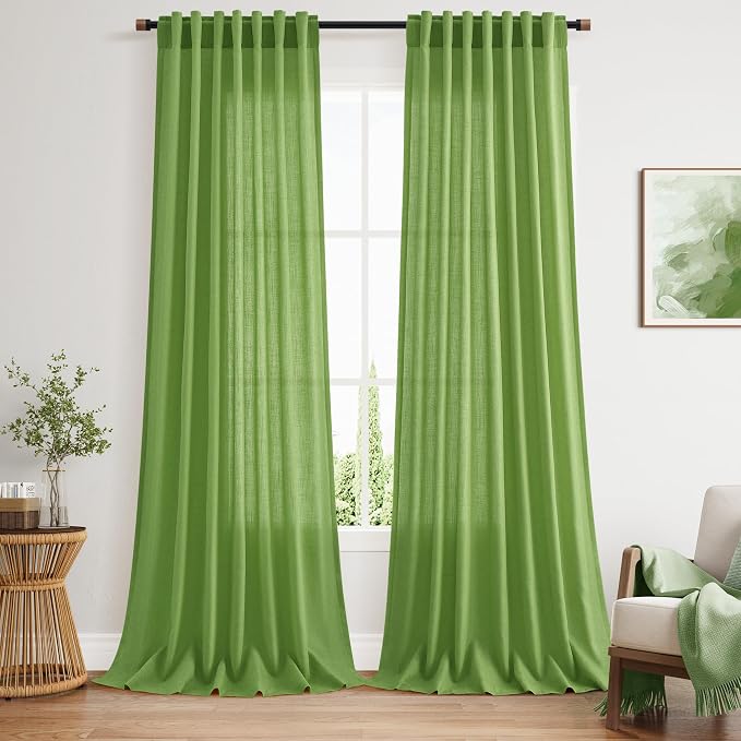 Nanspring Lime Green Linen Blend Light Filtering Back Tab Curtains 96 Inches by Nanspring