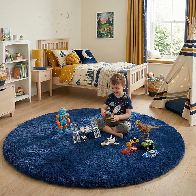 Navy Blue Round Rug 6Ft for Boys Bedroom, Large Fluffy Fuzzy Circle Area Rugs - Image 5