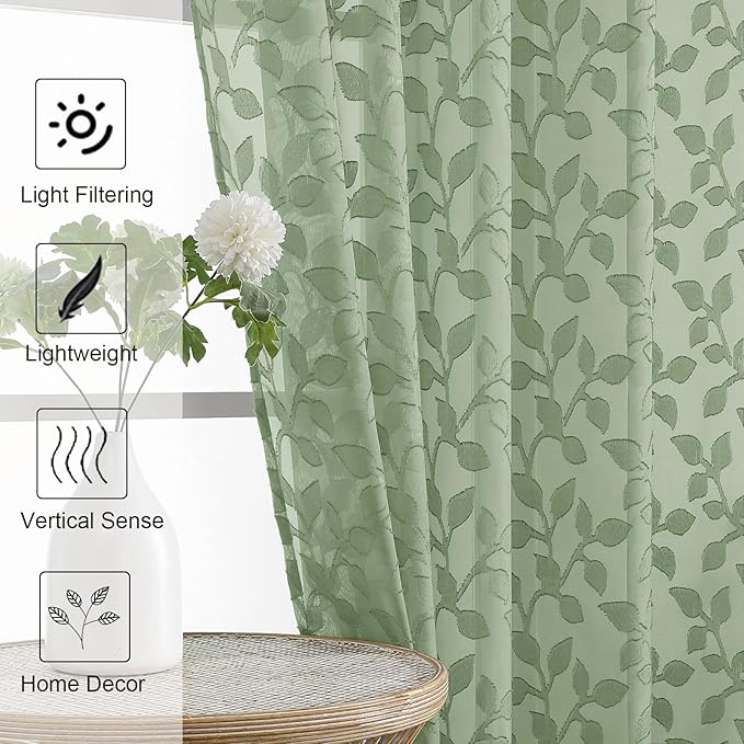 Chyhomenyc Sage Green Sheer Curtains 96 Inch Length 2 Panels Set, Light - Image 6