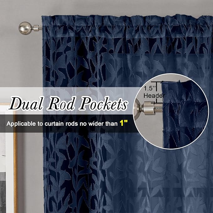 Lecloud Leia Navy Blue Sheer Cafe Curtains 24 Inch Length 2 Pieces, Jacquard - Image 3
