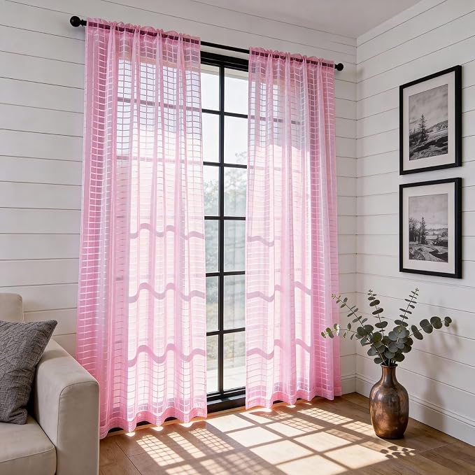 SpaceDresser Check Sheer Curtains 84 Inches 2 Panels Set, Rod Pocket Plaid - Image 4