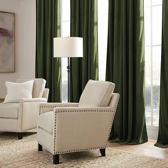 RYB HOME Green Velvet Curtains 84 inch, Solid Room Darkening Window Curtains - Image 5