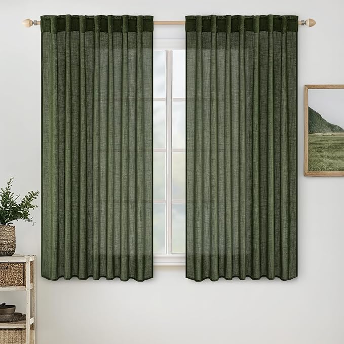 MIULEE Olive Green Linen Curtains 63 Inch Length 2 Panels by MIULEE