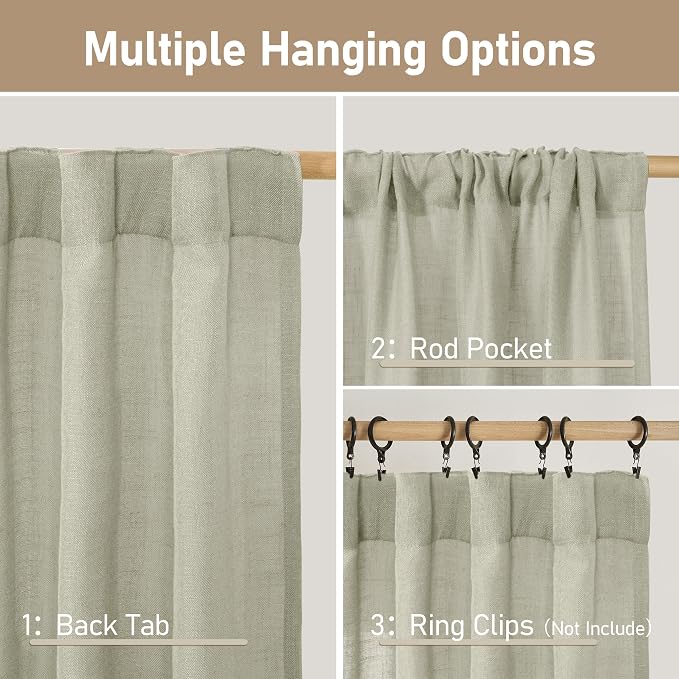 LAMIT Sage Grey Linen Boho Curtains 68 inch Length 2 Panels, Light Filtering - Image 3