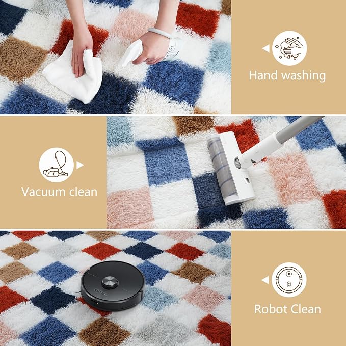 Shag Area Rug for Bedroom Living Room, 5x8 Fluffy Soft Colorful Checkered Rug - Image 6