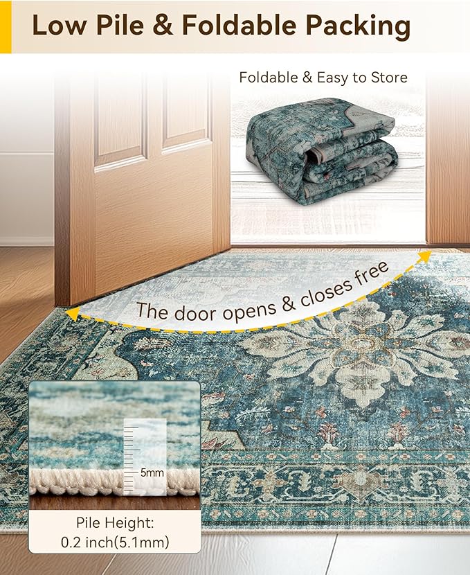 Area Rugs 8'x10' Washable Non-Slip, Floral Vintage Distress Print Pattern - Image 7