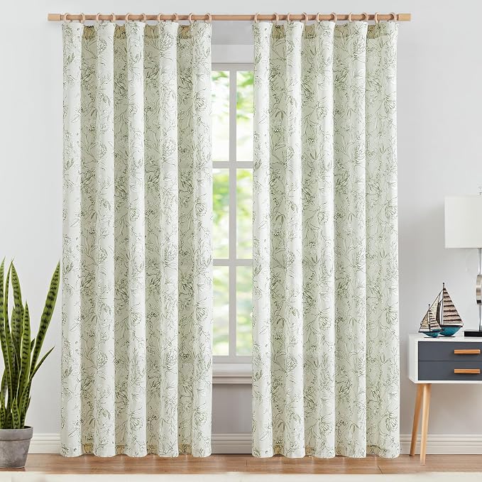 jinchan Floral Curtains 84 Inches Long Sage Green Flower Linen Farmhouse Curtain - Image 2