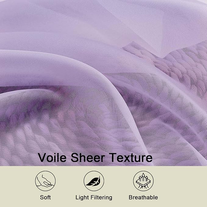 Lavender Sheer Curtain for Bedroom Living Room 72 Inches Long 2 Panels Set - Image 3