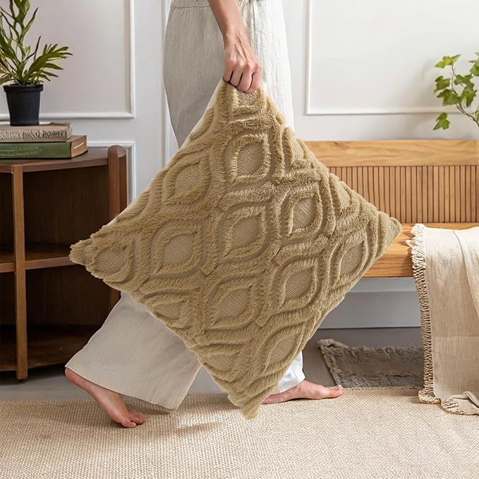decorUhome Throw Pillow Covers 16x16 Inch Set of 2, Soft Plush Faux Wool Khaki - Image 7