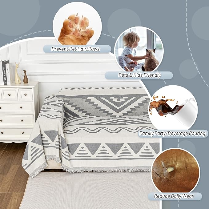 MYSKY HOME Boho Couch Cover for Dogs Washable Grey Rhombic Couch Sofa Protector - Image 4
