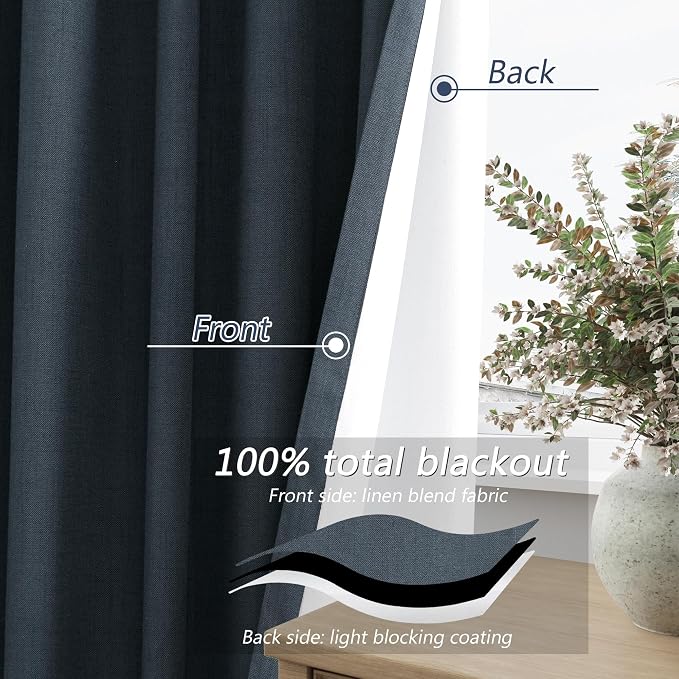 Guken Vintage Blue 100% Blackout Linen Curtains 84 Inch Length 2 Panels Set - Image 4