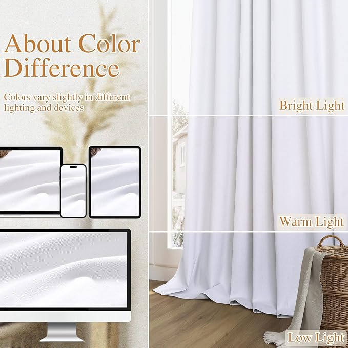 Guken White 100% Blackout Linen Curtains 52 Inch Wide by 130 Inch - Image 7