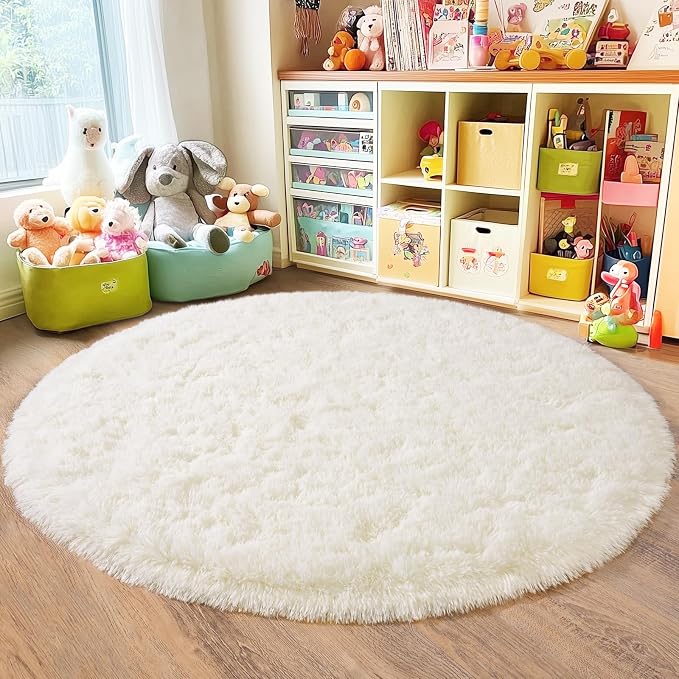 3'x3' Cream Round Rugs for Girls Bedroom, Ultra Soft Fluffy Circle Rug for Kids - Image 4