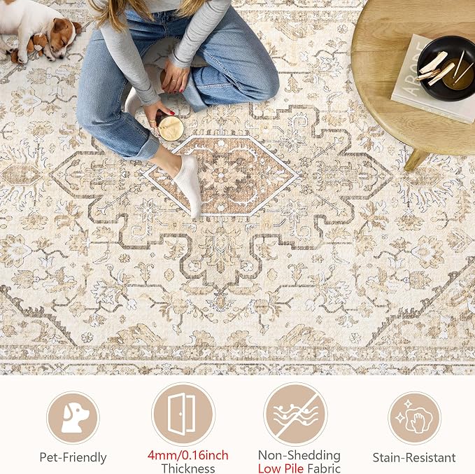 Area Rugs 5x7 Vintage Rug: Washable Living Room Rug Retro Medallion Distressed - Image 7