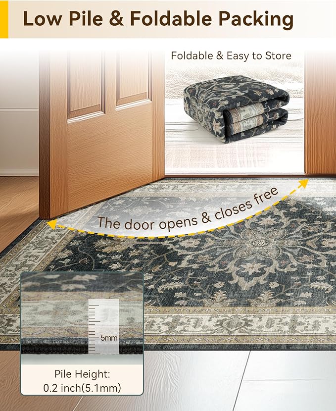 Area Rugs 4'x6' Washable Non-Slip, Floral Vintage Distress Print Pattern - Image 5